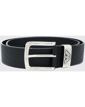 Emporio Armani Monogram Tumbled Leather Belt With Eagle Buckle - Black