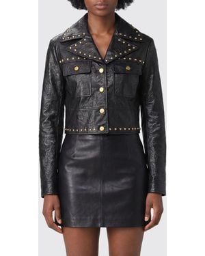 Michael Kors Cropped Studded Faux Leather Biker Jacket - Black