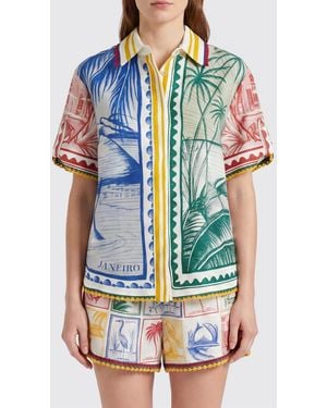 FARM Rio Brasil Vintage Printed Linen Blend Shirt - Blue