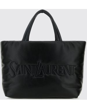 Saint Laurent Bolso Tote De Napa Con Logo Grabado Y Doble Asa - Negro