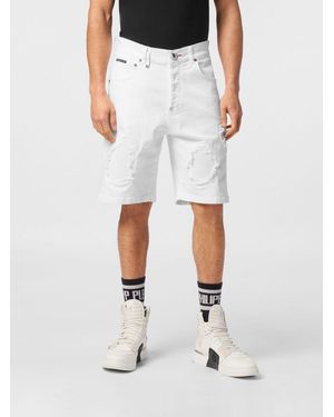 Philipp Plein Pantalones Cortos De Cinco Bolsillos De Denim Desgastado - Blanco