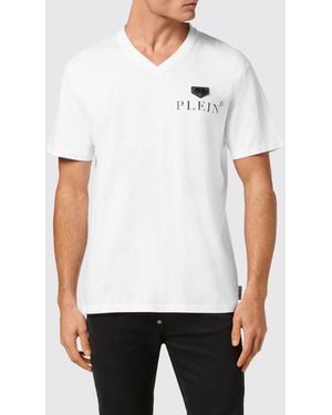 Philipp Plein Slim Fit Cotton V-Neck T-Shirt With Logo - White