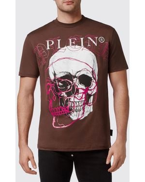 Philipp Plein Cotton Crewneck T-Shirt With Skull Print And Contrast Logo - Red