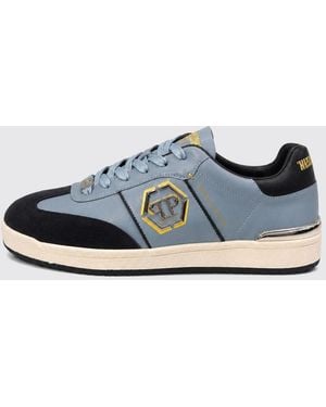 Philipp Plein Retro Hustle Leather Sneakers With Hexagon Logo - Blue