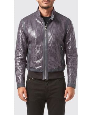 Billionaire Python Leather Bomber Jacket - Grey