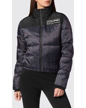 Philipp Plein Animal Print Nylon Short Puffer Jacket With High Collar - Black