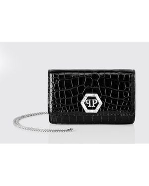 Philipp Plein Crocodile Print Leather Clutch With Rhinestone Hexagon - Black