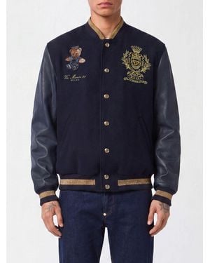 Philipp Plein Wool Varsity Bomber With Leather Sleeves And Teddy Bear Patch - Blue