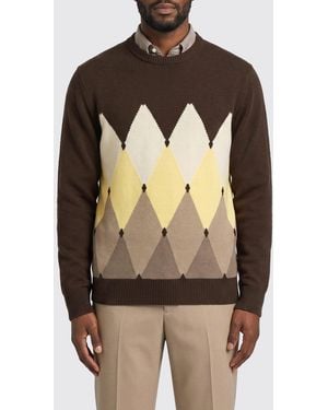 Ballantyne Argyle Cotton And Cashmere Blend Crew Neck Jumper With Slim Fit - Brown