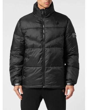 Philipp Plein Short Quilted Technical Fabric Puffer Jacket With High Neck - Black
