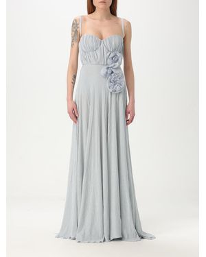 Elisabetta Franchi Pleated Maxi Dress With Floral Applique - Grey