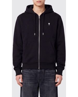 Ami Paris Cotton Zip-Up Hoodie With Kangaroo Pocket And Logo - Blue