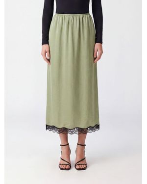 Twinset A-Line Satin Midi Skirt With Lace Inserts And High Waist - Green