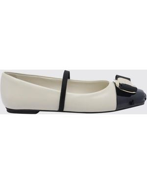 Ferragamo Bicolor Leather New Vara Mary Jane Ballet Flats With Bow - White