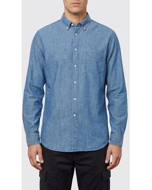 Portuguese Flannel Chambray Denim Shirt With Button-Down Collar And Pocket - Blue