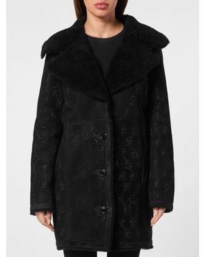 Philipp Plein Single-Breasted Shearling Coat With Rhinestone Hexagon Logo - Black