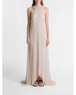 Alberta Ferretti Long Linen And Cotton Dress With Embroidery - Natural