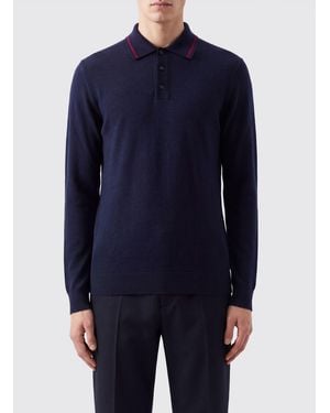 Balenciaga Long-Sleeved Pure Wool Polo With Contrast Trim - Blue