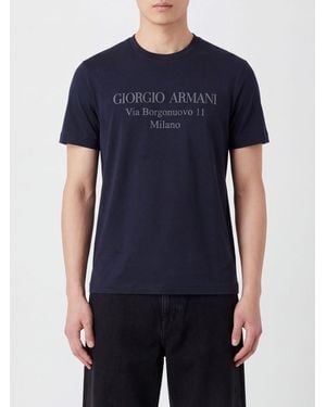 Giorgio Armani Short-Sleeved Cotton T-Shirt With Contrasting Logo - Blue