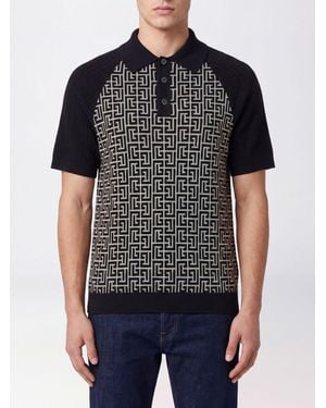 Balmain Polo En Maille À Monogramme Pb En Mélange De Coton Et Lin - Noir