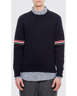 Thom Browne Milano Stitch Crewneck Pullover With Distinctive Striped Accents - Blue