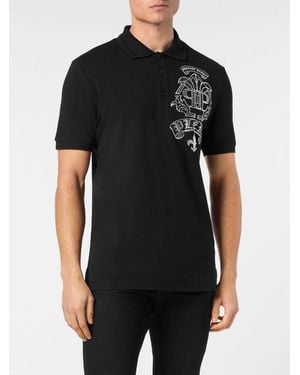 Philipp Plein Polo À Manches Courtes En Coton Avec Logo Hexagon En Strass - Noir