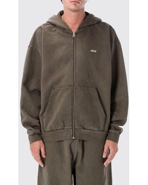 Obey Relaxed Fit Cotton Hoodie With Zip And Embroidered Logo - Brown