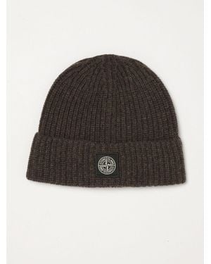 Stone Island Ribbed Virgin Wool Beanie Hat With Compass Logo - Black
