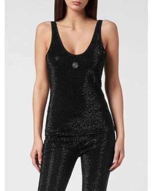Philipp Plein Slim Fit Sheer Evening Top With Straps And Rhinestones - Black