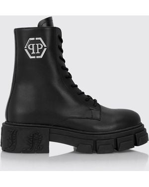 Philipp Plein Monogram Calfskin Combat Boots With Hexagon Logo - Black