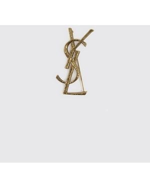Saint Laurent Cassandre Brushed Brass Brooch - White