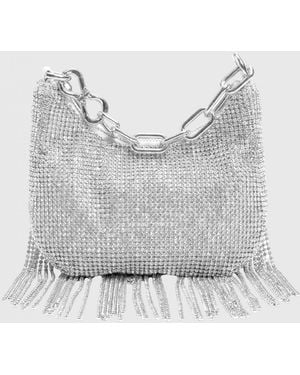 Twinset Satin Bag With All-Over Crystals And Fringes - Gray
