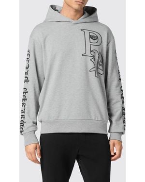 Philipp Plein Cotton Hoodie With Contrasting Logo - Gray