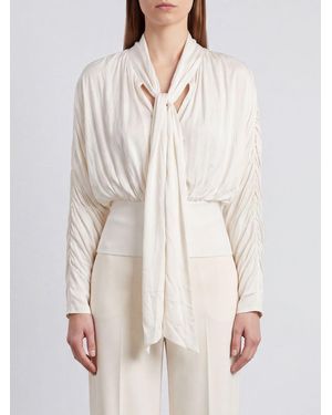 Self-Portrait Drapierte Viskose-Jersey-Bluse Von Mit Elegantem Schalkragen - Weiß