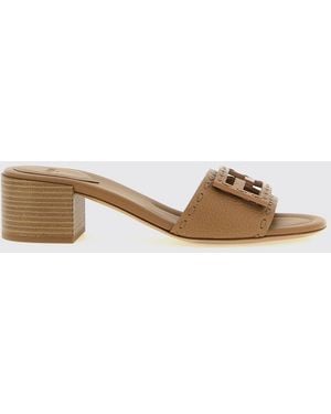Fendi Baguette Mid-Heeled Calfskin Mules With Ff Monogram - Natural