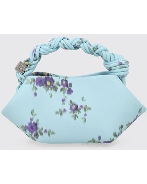 Ganni Bou Floral Recycled Leather Handbag With Braided Handle - Blue