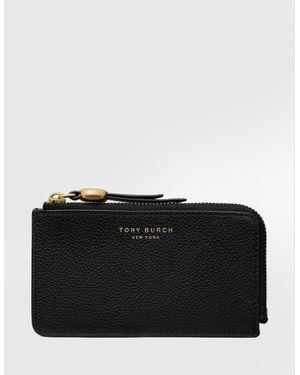 Tory Burch Romy Leather Card Holder With Zip Closure And Foiled Logo - Black