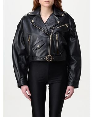 Just Cavalli Cropped Leather Moto Jacket - Black