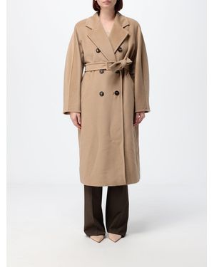 Max Mara Langer Zweireihiger Wollmantel Madame Mit Gürtel - Natur