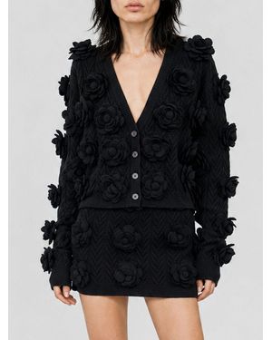 Philipp Plein Cárdigan De Mezcla De Lana Con Cuello De Pico Y Aplique De Flor - Negro
