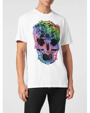 Philipp Plein Cotton T-Shirt With Skull Print And Applied Crystals - White