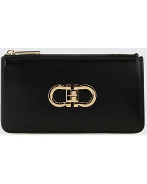Ferragamo Cartera De Piel De Vacuno Con Logotipo Gancini De Metal Dorado - Negro