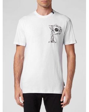 Philipp Plein Slim Fit Cotton T-Shirt With Monogram Print And Hexagon Logo - White