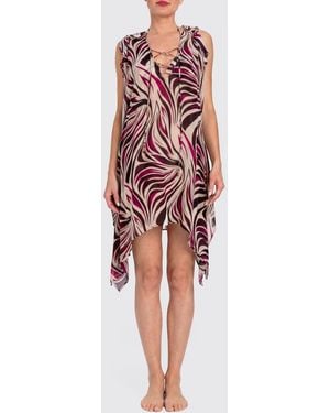 Twinset Abstract Print Viscose Mini Kaftan With Off-The-Shoulder Design - Red