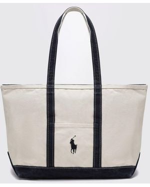 Polo Ralph Lauren Cotton Tote Bag With Embroidered Pony Logo And Zip Closure - Natural