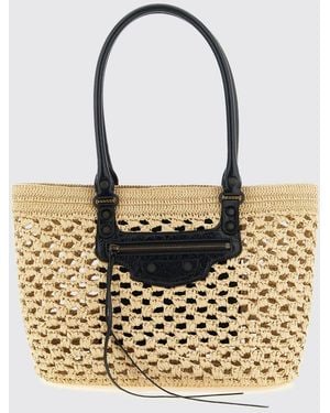 Balenciaga Le City Schultertasche Aus Häkel-Bast Und Leder Mit Nieten - Natur