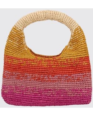 Manebí Rectangular Crochet Raffia Handbag With Stripes - Pink