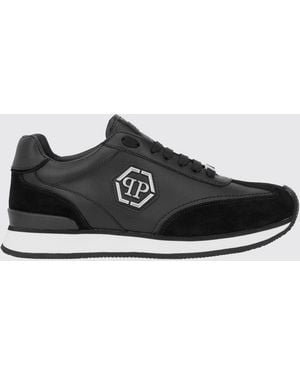 Philipp Plein Leather And Suede Low-Top Trainers With Hexagon Logo And Monogram - Black