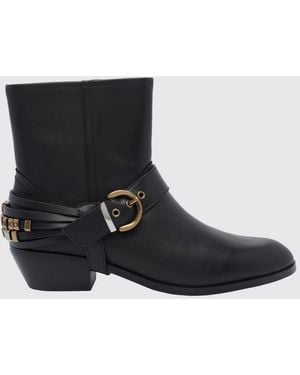Pinko Low-Shaft Smooth Leather Western Boots With Embroidery And Pointed Toe - Black