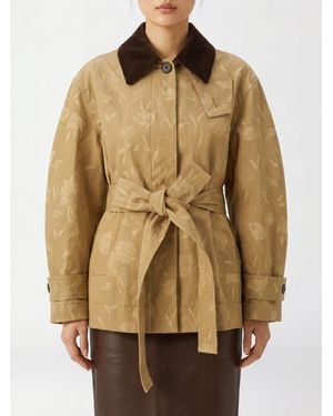 Erdem Floral Cotton Short Trench Coat With Belt And Velvet Collar - Natural